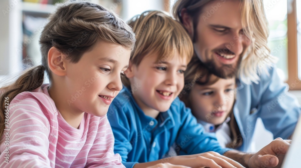 Friends with laptop, family using computer together
Friends with laptop, family using computer together