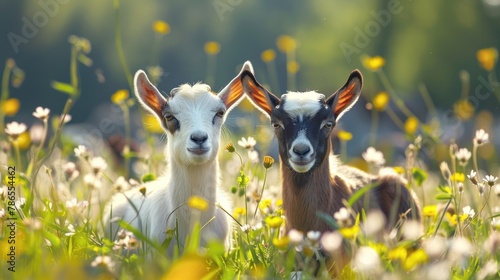 Portrait two little lambs of baby goats farm grazing in the field. AI generated image photo