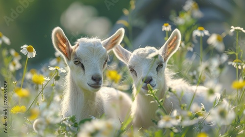 Portrait two little lambs of baby goats farm grazing in the field. AI generated image