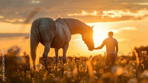 Silhouette of man holding her lovely horse on meadow at golden sunset view background. AI generated © MUCHIB
