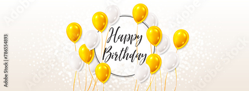 Happy Birthday card with golden balloons. Anniversary banner template. Frame for party event with white balloons. Birthday background with frame border. Anniversary card. Vector illustration