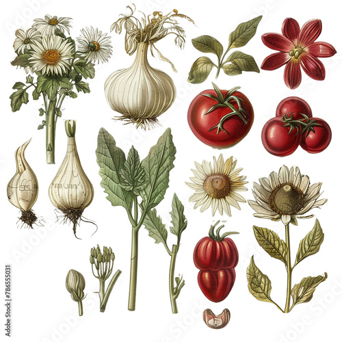 Ancient botanical illustrations with various vegetables  png