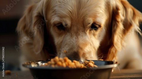 Portrait a dog eats dry food in a bowl at home. AI generated image