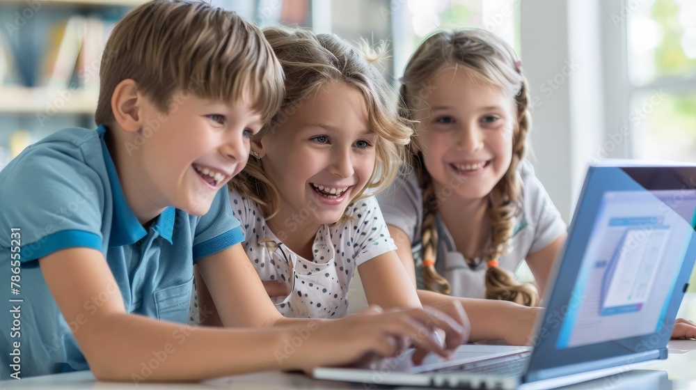 children with laptop or kids playing on computer children with laptop or kids playing on computer