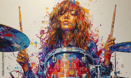 Beautiful girl playing drums on grunge background. Digital painting illustration.