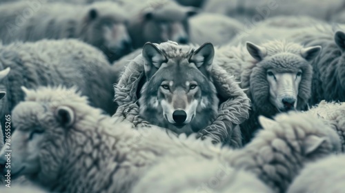 A wolf camouflage was among many sheep. AI generated image