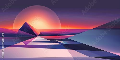 Surreal geometric landscape background. Purple and pink colors. Abstract horizontal geometric wallpaper. Cyberpunk vaporwave style. Raster bitmap digital illustration. AI artwork. 