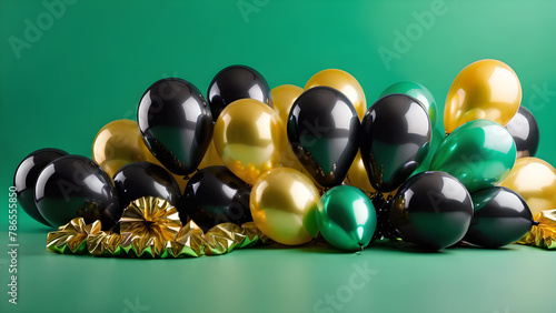 Black, green and yellow balloons on green background. 