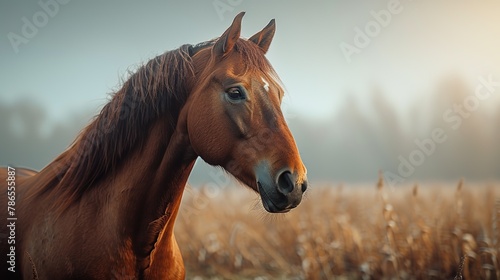 Portrait of a brown horse on the field at sunrise in autumn