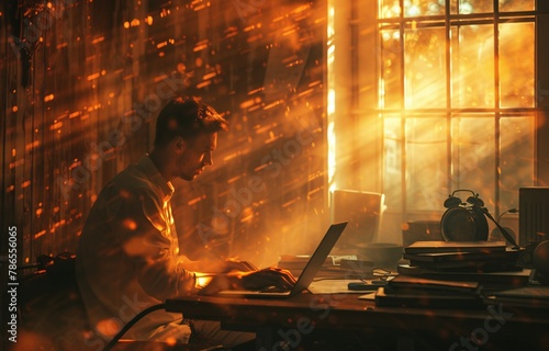 A man works on his laptop in a room bathed in the warm glow of the golden hour  with an antique clock nearby.