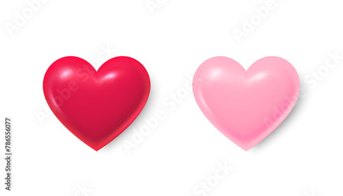 Heart shape 3d icons. Love symbol for Valentines day and Mother day decoration. Social media like symbol. Set of realistic 3d hearts for love design. Red and pink hearts. Vector illustration