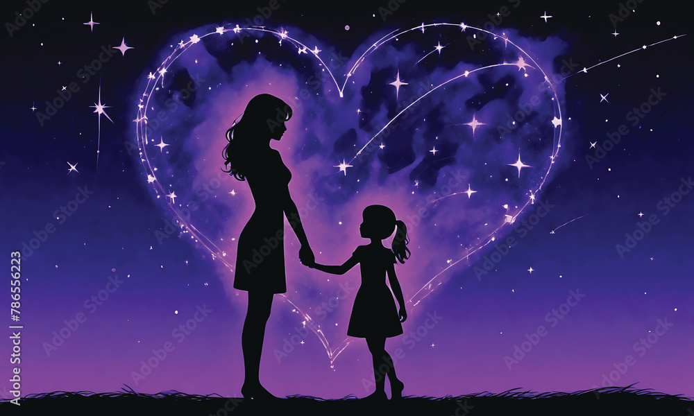 Obraz premium Happy Mother’s Day silhouette illustration, Mom hugs her children with happy Mom's day love ,concept of World teacher’s day and International Women's Day.