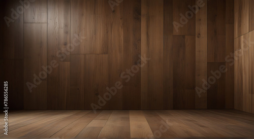 An Abstract wooden beige dark studio background for product placement or presentation. Empty room with shadows of windows with copy space, board