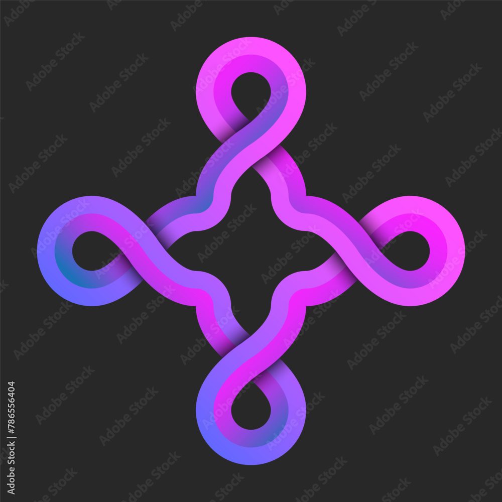 Fototapeta premium Pattern cross shape 3d art logo, intertwine one line Infinite geometric form, purple gradient infinite artwork symbol.