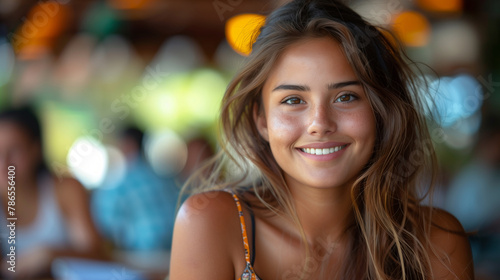 A latin hispanic woman with long brown hair is smiling . She is surrounded by other people, but the focus is on her. latin hispanic woman studying with a smile