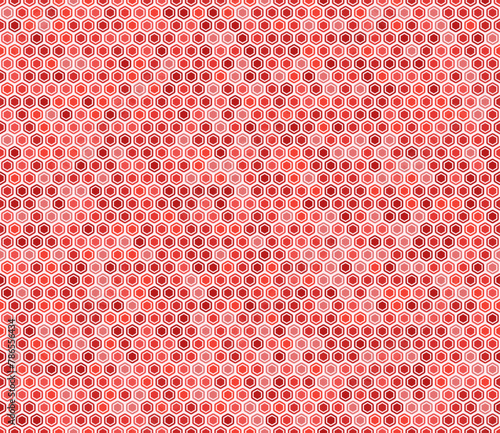 Minimal geometric background. Bold rounded hexagon cells with padding and inner solid cells. Red color tones. Regular hexagon shapes. Seamless pattern. Tileable vector illustration.