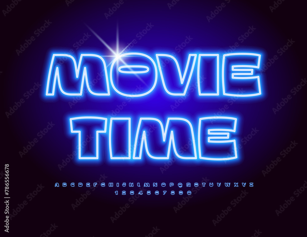 Vector glowing poster Movie Time with neon Alphabet Letters and Numbers set. Blue light Font.