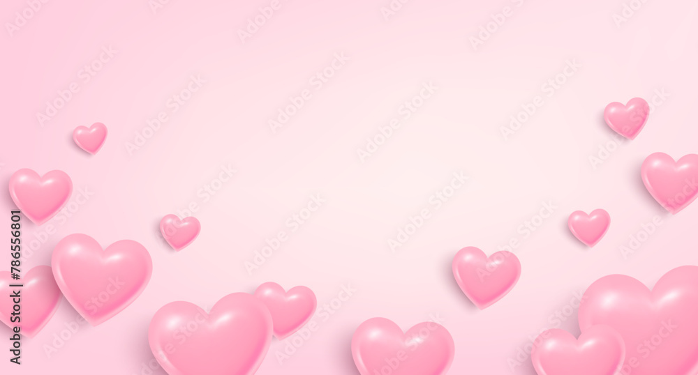 Hearts flying on pink background. Heart shaped 3d icons of love for Women's, Mother's, Valentine's Day, birthday greeting card. Happy holiday love background with hearts. Vector illustration