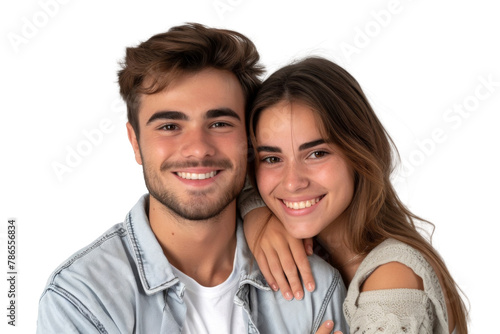 Portrait of happy couple hugging and holding together with smiling isolated on transparent png background, loving moment, romantic scene.