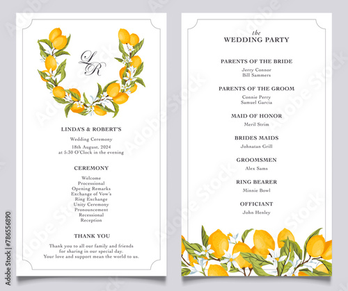 Lemon citrus wedding program elegant template.