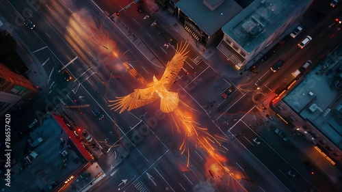 Phoenix flying over a busy urban