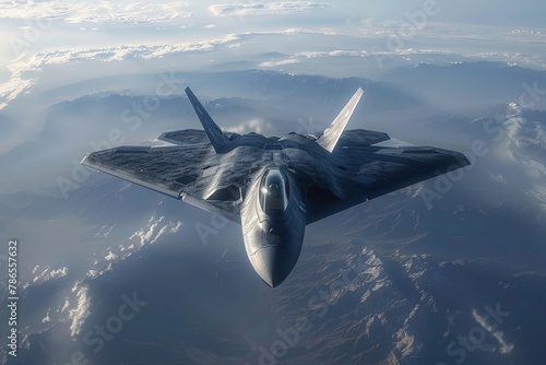 Stealth fighter jet on patrol, skies over conflict zone photo