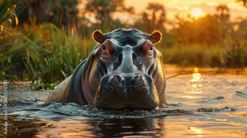African Wildlife Hippo With Green Grass Danger Animal in the Water. African Landscape with Big Hippo - Generative AI © Ai Photos Bank