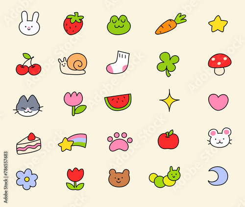 colored set of vector sticker simple decorative elements. background for kisd. Various icons such as hearts, stars, animals, fruits, cat, speech bubbles, arrows, lines isolated on white background.
