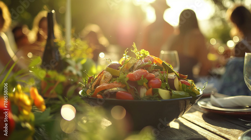 Sunlit Outdoor Dinner Party: Freshly Grilled or fresh Vegetables on Wooden Table