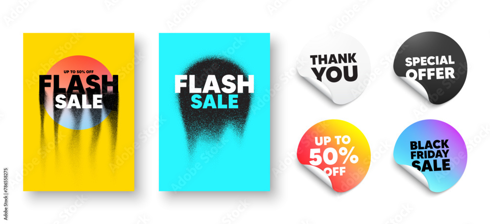 Flash sale poster. Thank you, Black friday, 50 percent sale discount stickers. Poster frame with grain dots. Offer sticker with gradient shape. Frame sale banner with noise grain dots. Vector