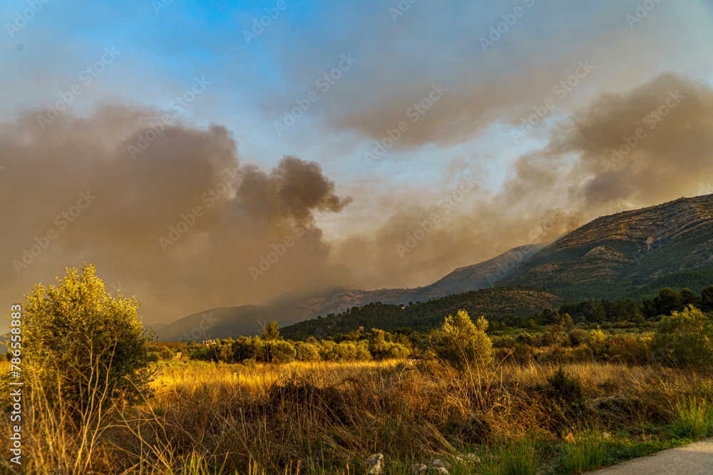 montaña, incendio, forestal, devastación, humo