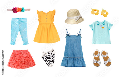 Summer child's clothes set,girl's outfit isolated on white.Bright colorful kid's appare collection. © nys