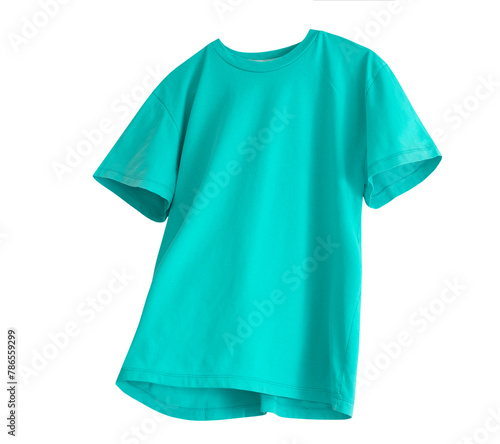 Cyan summer stile shirt isolated on white. Blue grren t-shirt flying single object. © nys