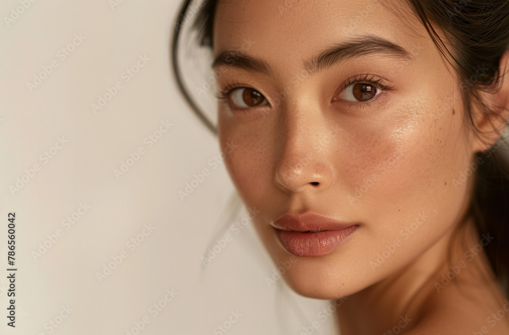 Beauty, makeup and portrait of asian woman on space in studio on white background for transformation. Face, skincare and wellness with natural or perfect young model on space for cosmetic dermatology Beauty, makeup and portrait of asian woman on space in studio on white background for transformation. Face, skincare and wellness with natural or perfect young model on space for cosmetic dermatology