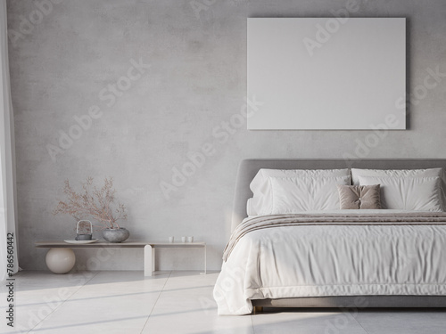 Blank poster in modern bedroom, minimalism interior design, 3d illustration.