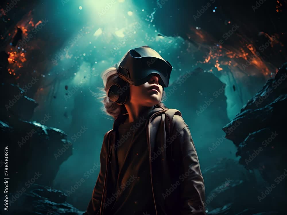A child wearing a virtual reality headset stands in a dark cave lit by a distant light source. A child wearing a virtual reality headset stands in a dark cave lit by a distant light source.