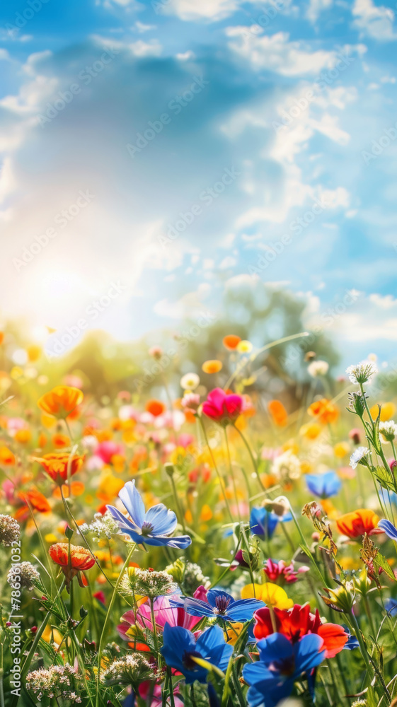 Vibrant Spring Meadow, Colorful Wildflowers Under Sunny Skies Vibrant Spring Meadow, Colorful Wildflowers Under Sunny Skies