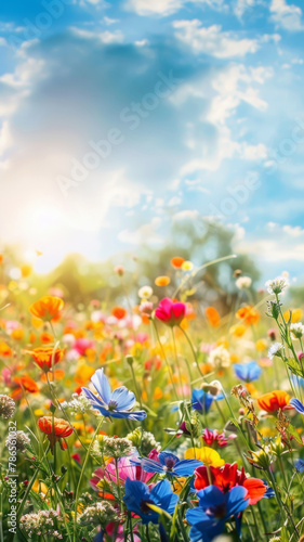 Vibrant Spring Meadow  Colorful Wildflowers Under Sunny Skies