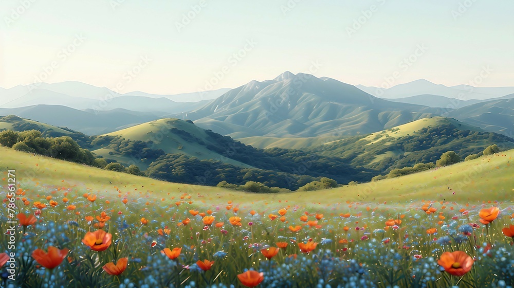 A calming landscape of rolling hills and meadows with wildflowers. AI generate illustration
