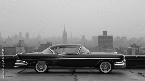A black and white illustration of a classic vintage car against a city backdrop. AI generate © PandaStockArt