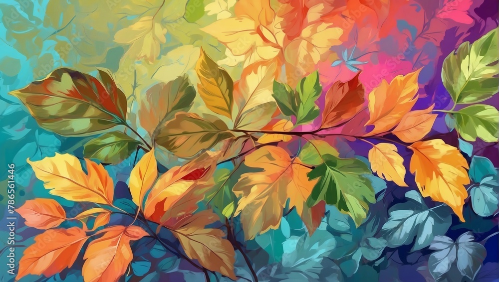 Leaves on a vibrant background. Impressionism style artwork.