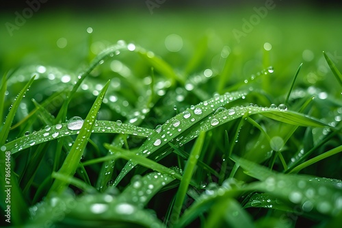 A closeup of a dewdrops on vibrant green grass. AI generate illustration