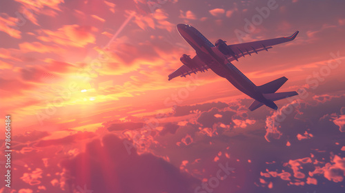 Commercial airplane taking off into colorful sky at sunset. Landscape with white passenger aircraft purple sky with pink clouds. Travelling by plane 