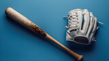 White baseball glove, bat on Blue background, Generative AI