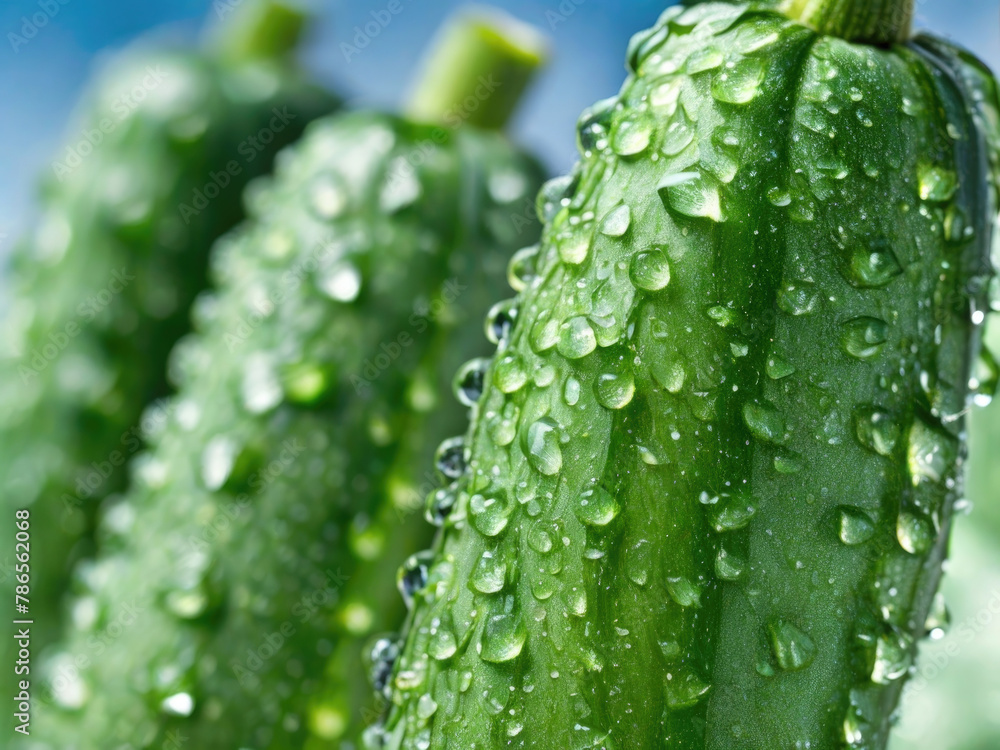 Freshly cut green zucchinis adorned with water droplets, captured with shallow depth of field, offering ample space for text, ideal for promoting freshness and culinary delights Freshly cut green zucchinis adorned with water droplets, captured with shallow depth of field, offering ample space for text, ideal for promoting freshness and culinary delights