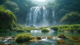A roaring waterfall surrounded by lush greenery. AI generate illustration