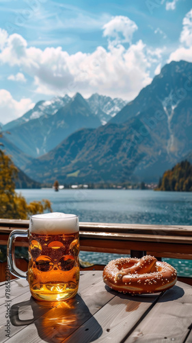 Beer and Pretzel Against Mountain Backdrop