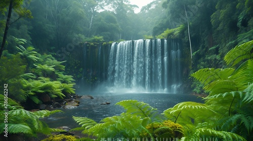 A roaring waterfall surrounded by lush greenery. AI generate illustration © PandaStockArt