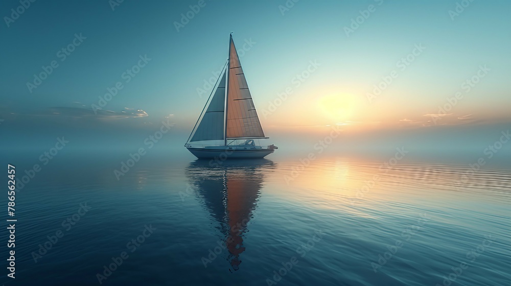 A minimalistic and calming scene of a lone sailboat on a calm lake with a reflection. AI generate illustration