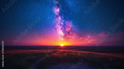A mesmerizing time-lapse image of a starry night sky transitioning to a sunrise. AI generate illustration